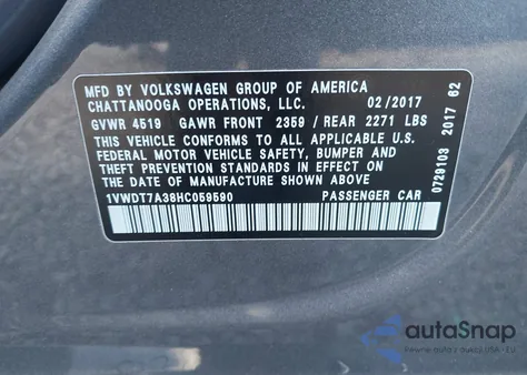 2017 Volkswagen Passat 1.8T R-Line z USA, uszkodzony, nr VIN 1VWDT7A38HC059590